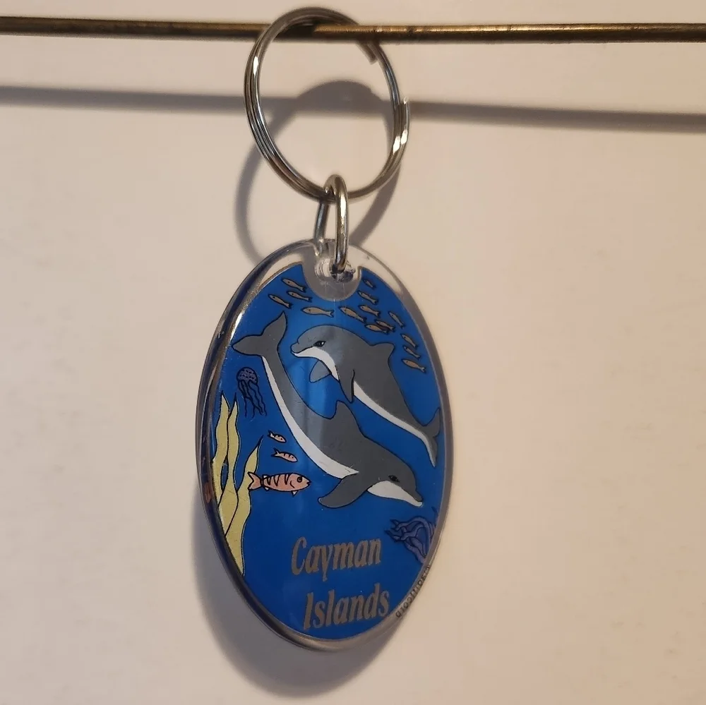 Vintage Novelty Acrylic Cayman Islands Ocean view with dolphins Keychain
